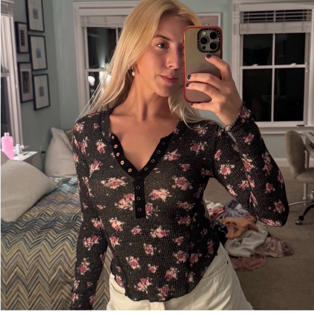 Free People Black Ribbed Henley Long-Sleeve Top with Pink Floral Print
